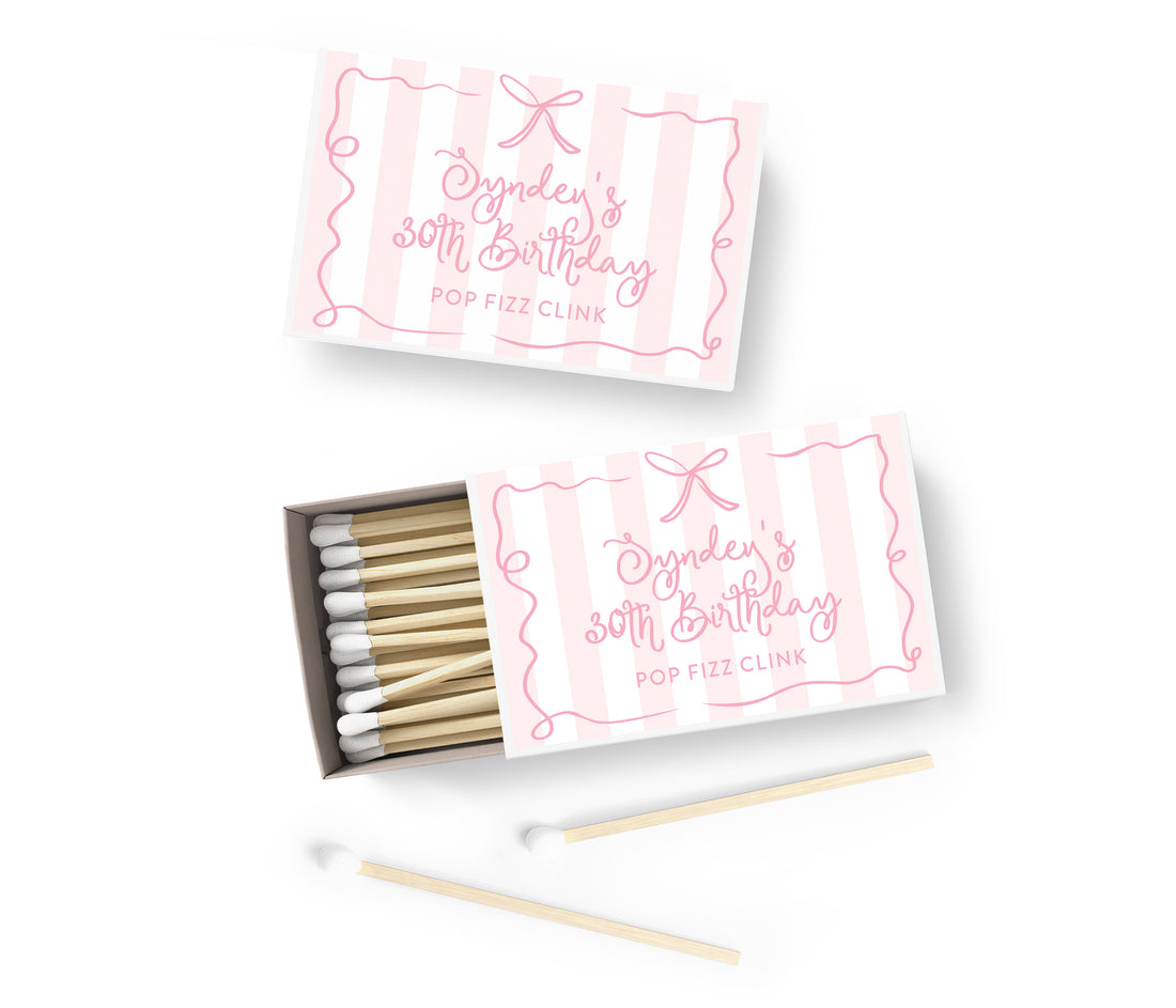 Matches – Ribbon & Bow – Pink Stripe – Birthday