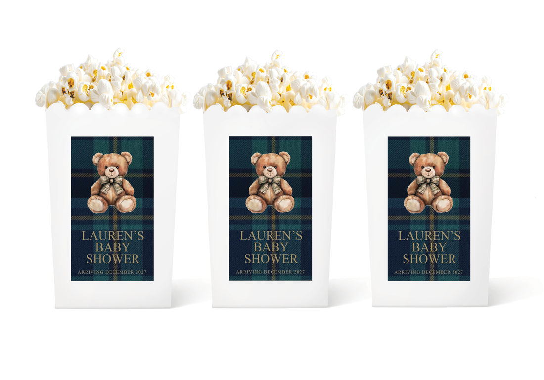 Popcorn Box – Baby Shower – Plaid Bear