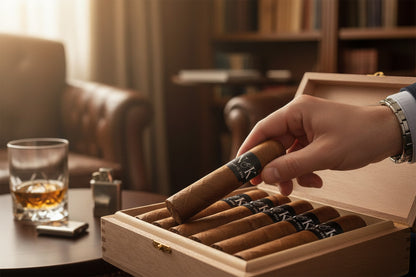 Modern Favors personalized cigar labels with N &amp; K initials and May 13, 2023 date.