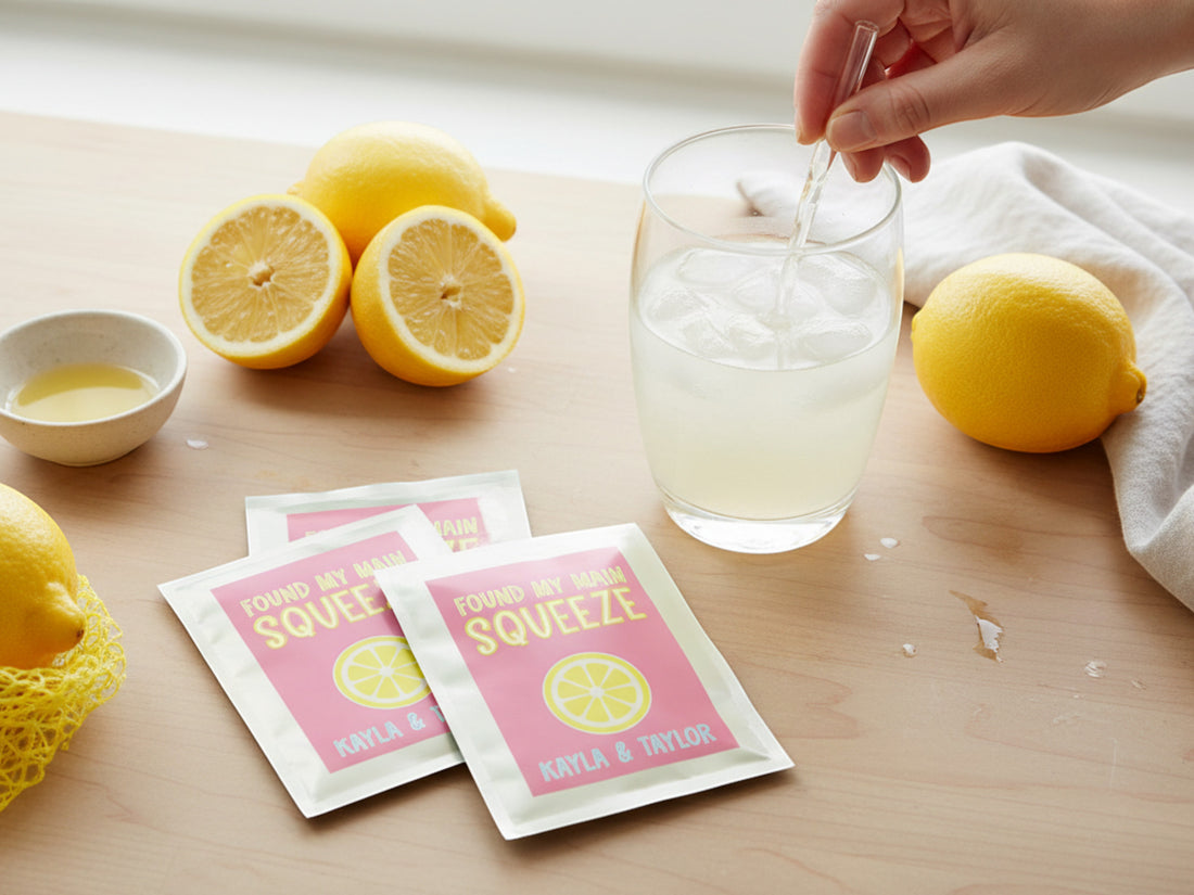 Modern Favors "Found My Main Squeeze" personalized lemonade packets with lemon graphic and names.